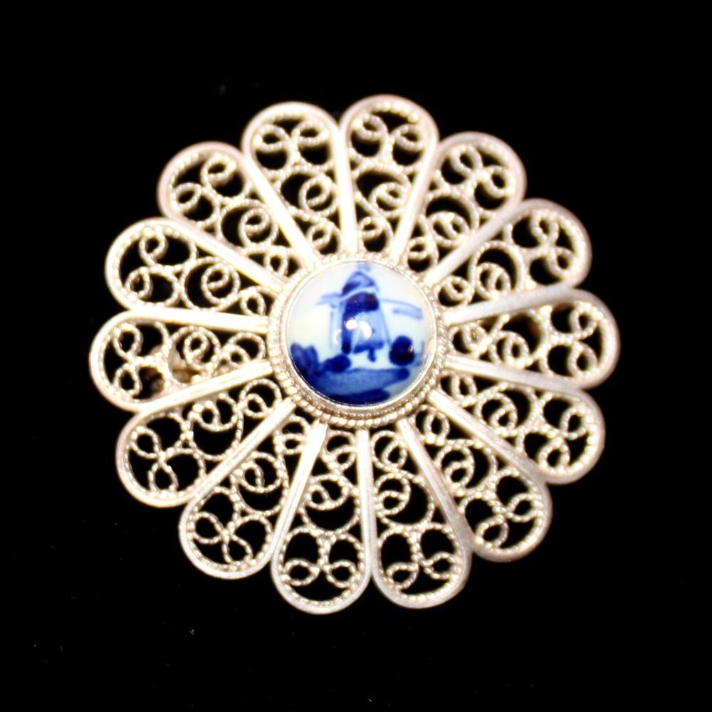 Vintage 925 Silver Delft Unsigned Porcelain Windmill Filigree Brooch Pin